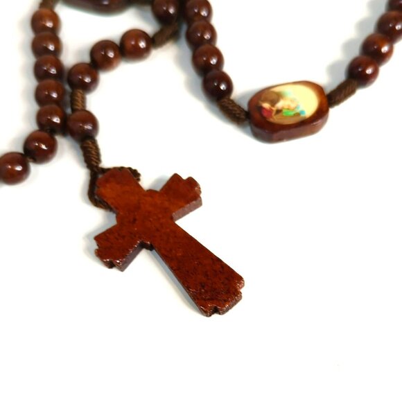 Vintage Wooden St. Benedict Rosary Corded Necklace Prayer Beads - Picture 2 of 5